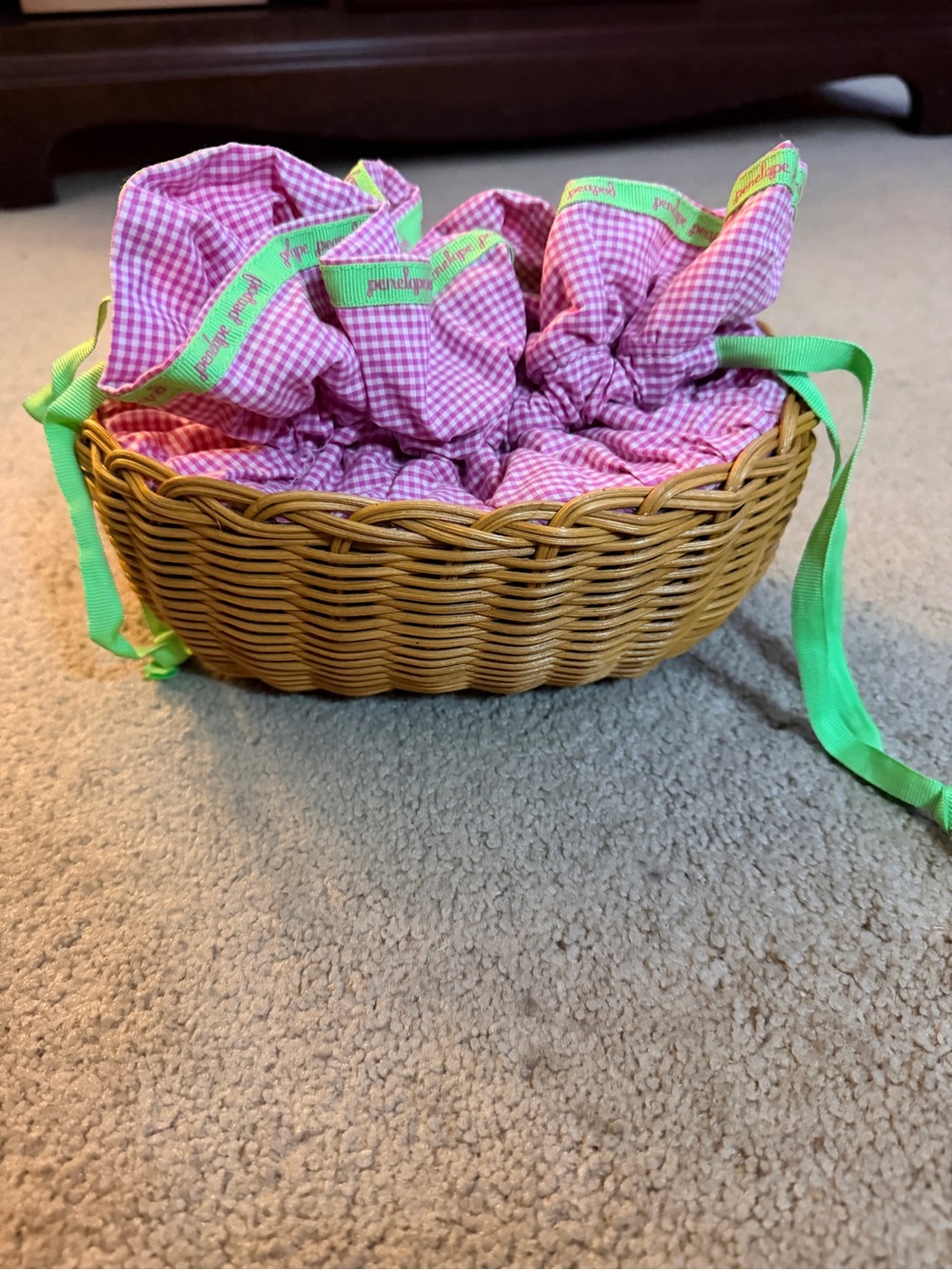 Penelope Peapod Gingham Fabric-Lined Wicker Basket and baby doll